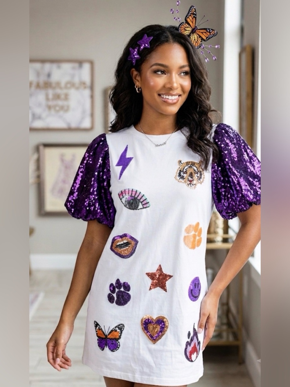 New! QUEEN OF SPARKLES Purple & Orange Icon Poof Sleeve Dress